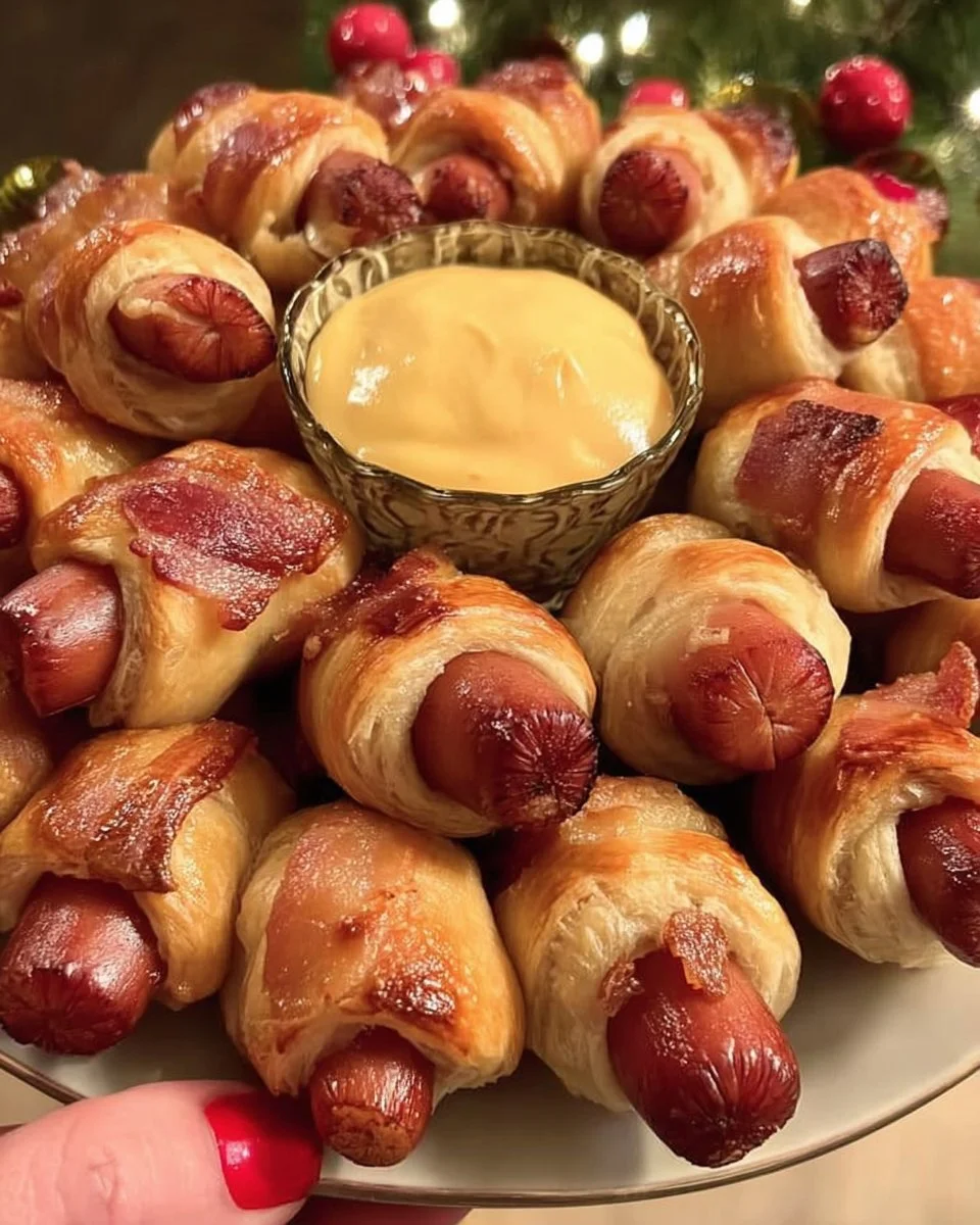 Delicious Holiday Pigs in a Blanket served on a festive platter