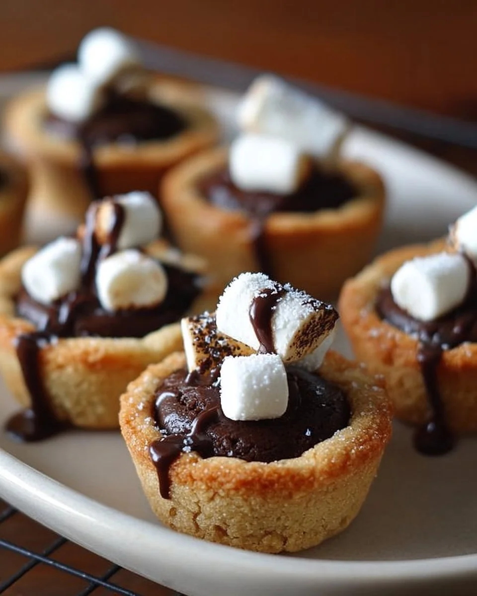 Delicious hot chocolate cookie cups topped with marshmallows and chocolate drizzle