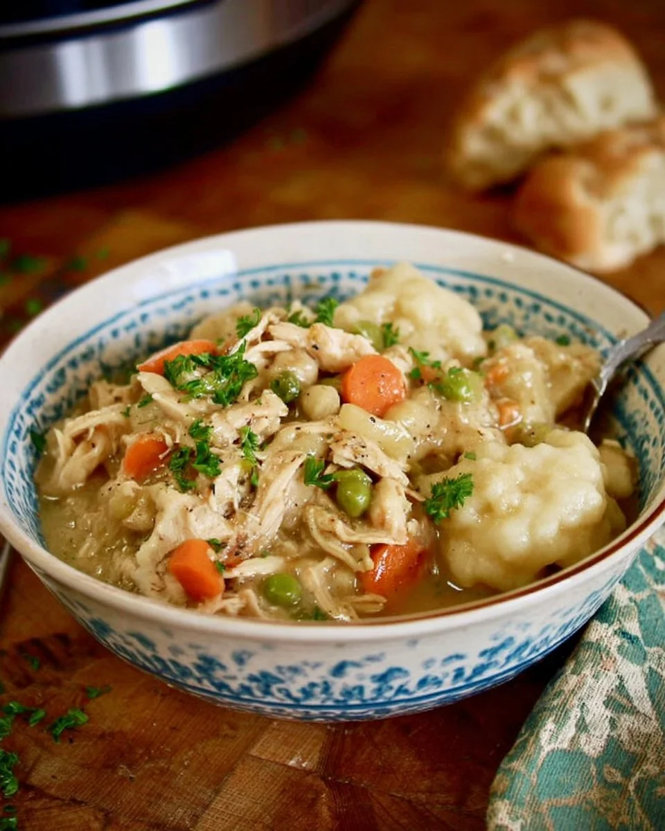 Instant Pot Chicken and Dumplings in a bowl, garnished with herbs.