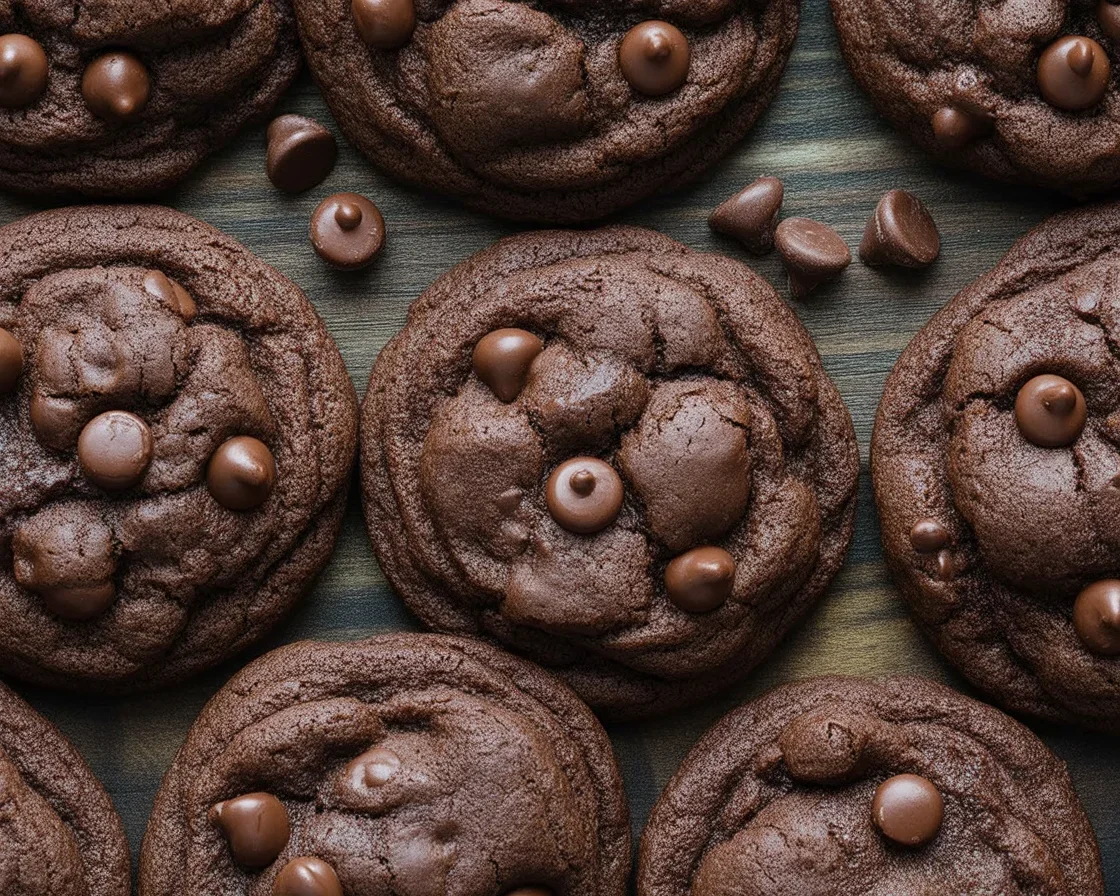 Delicious Double Chocolate Cookies stacked on a plate, topped with chocolate chips.