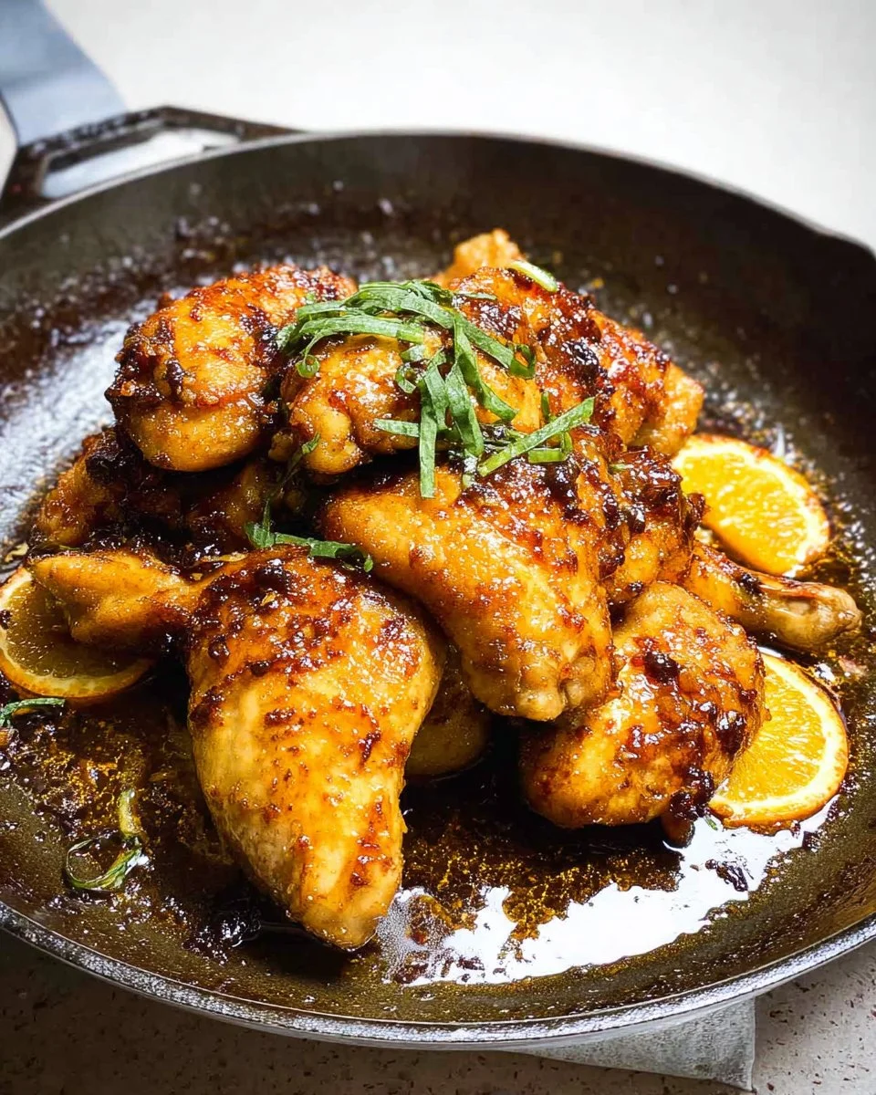 Nutmeg Orange Chicken dish garnished with herbs and citrus