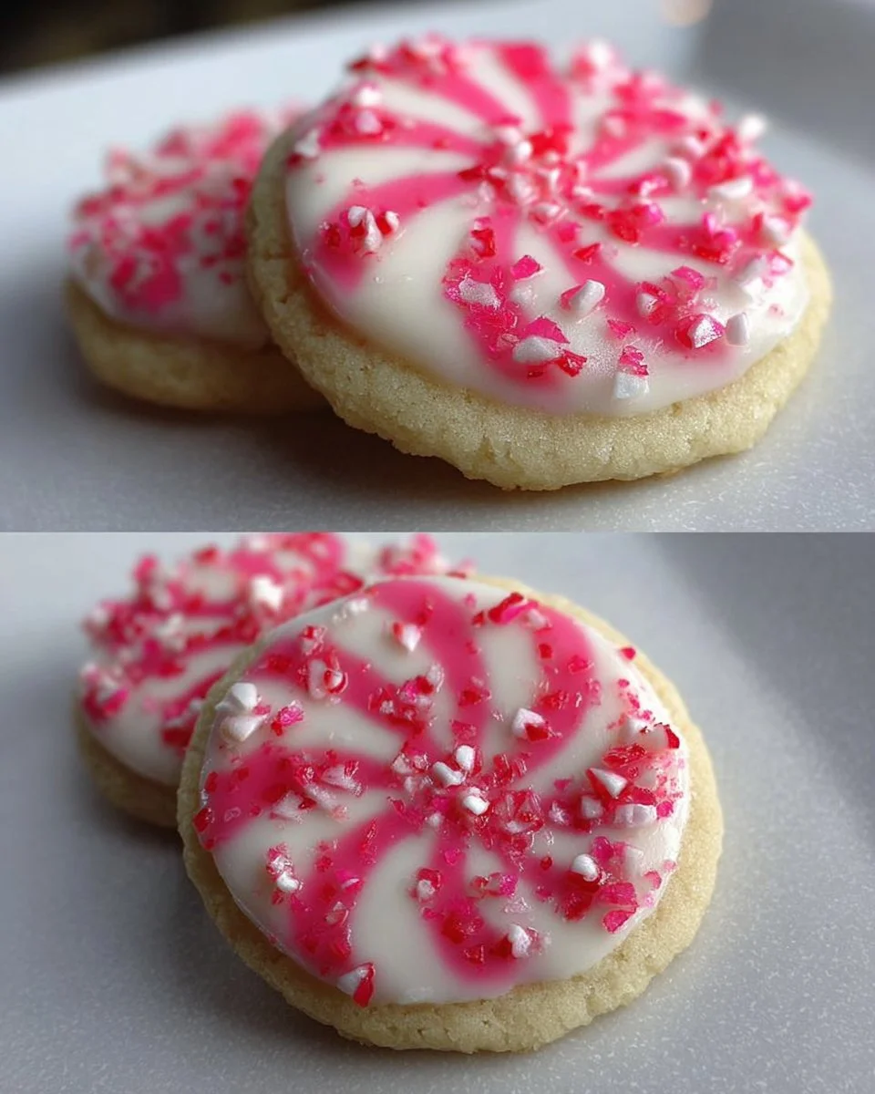 Peppermint candy sugar cookies decorated with holiday-themed sprinkles