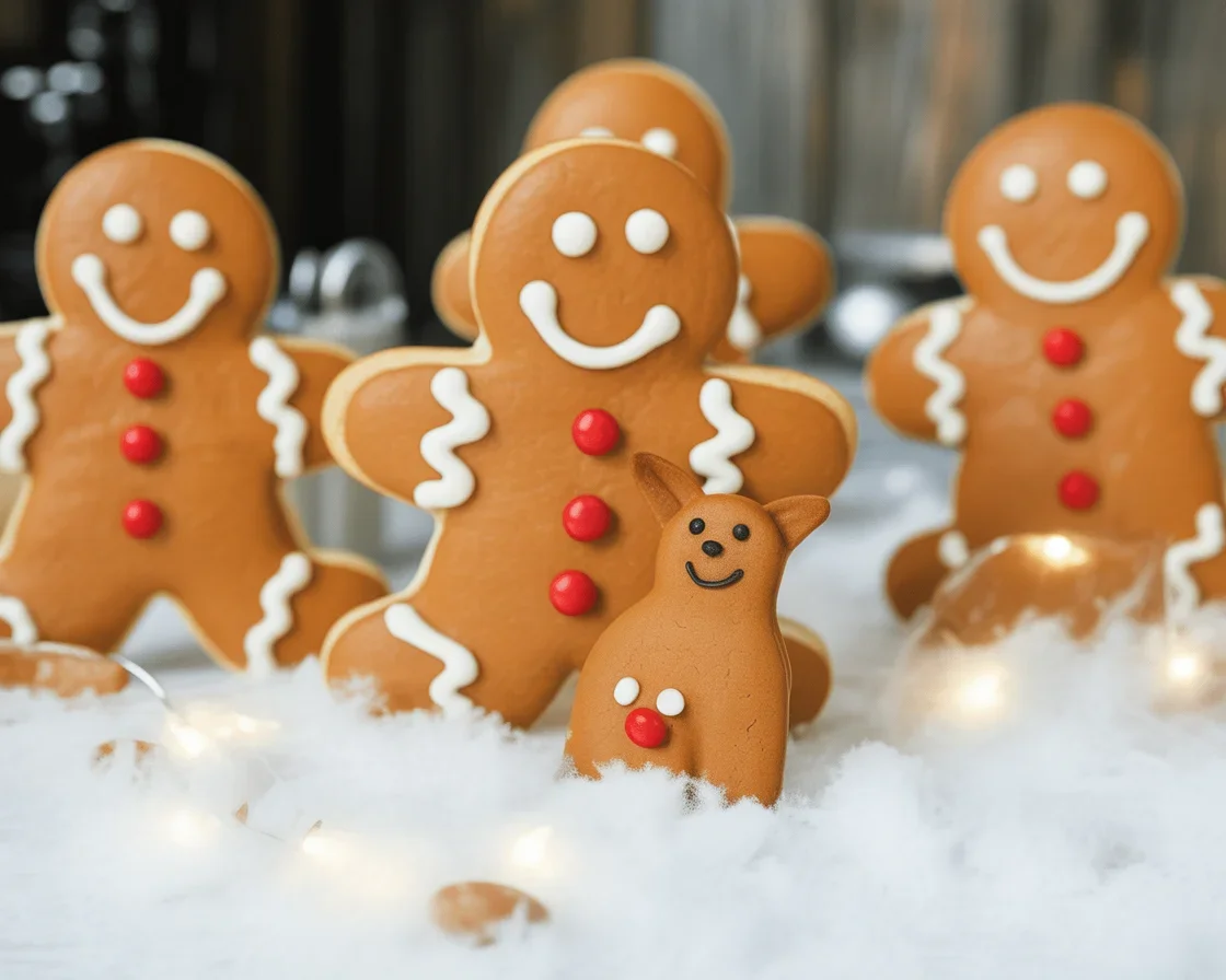 Decorated Gingerbread Men Sugar Cookies in festive shapes and colors.