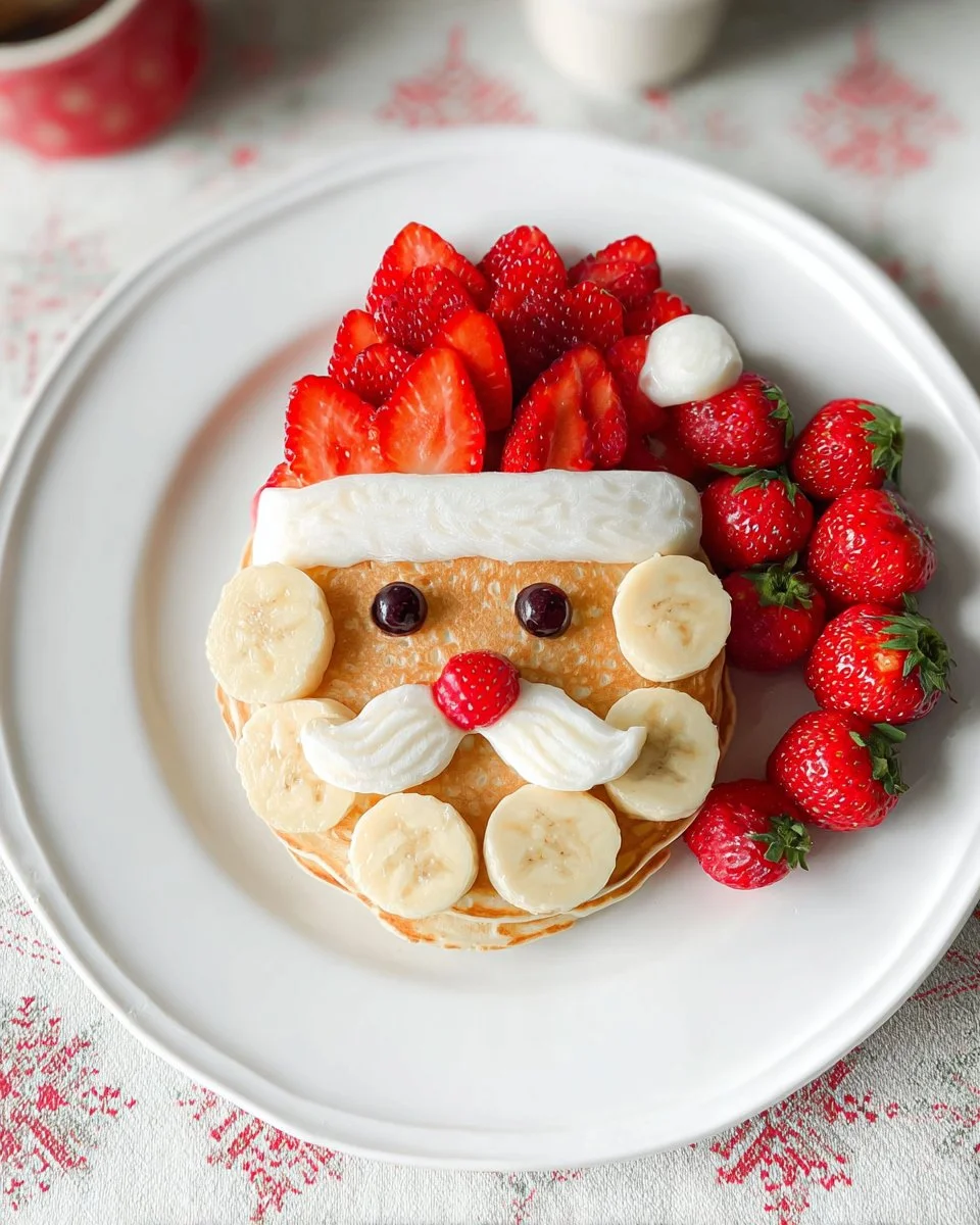 Festive Santa pancakes decorated with strawberries for a holiday breakfast.