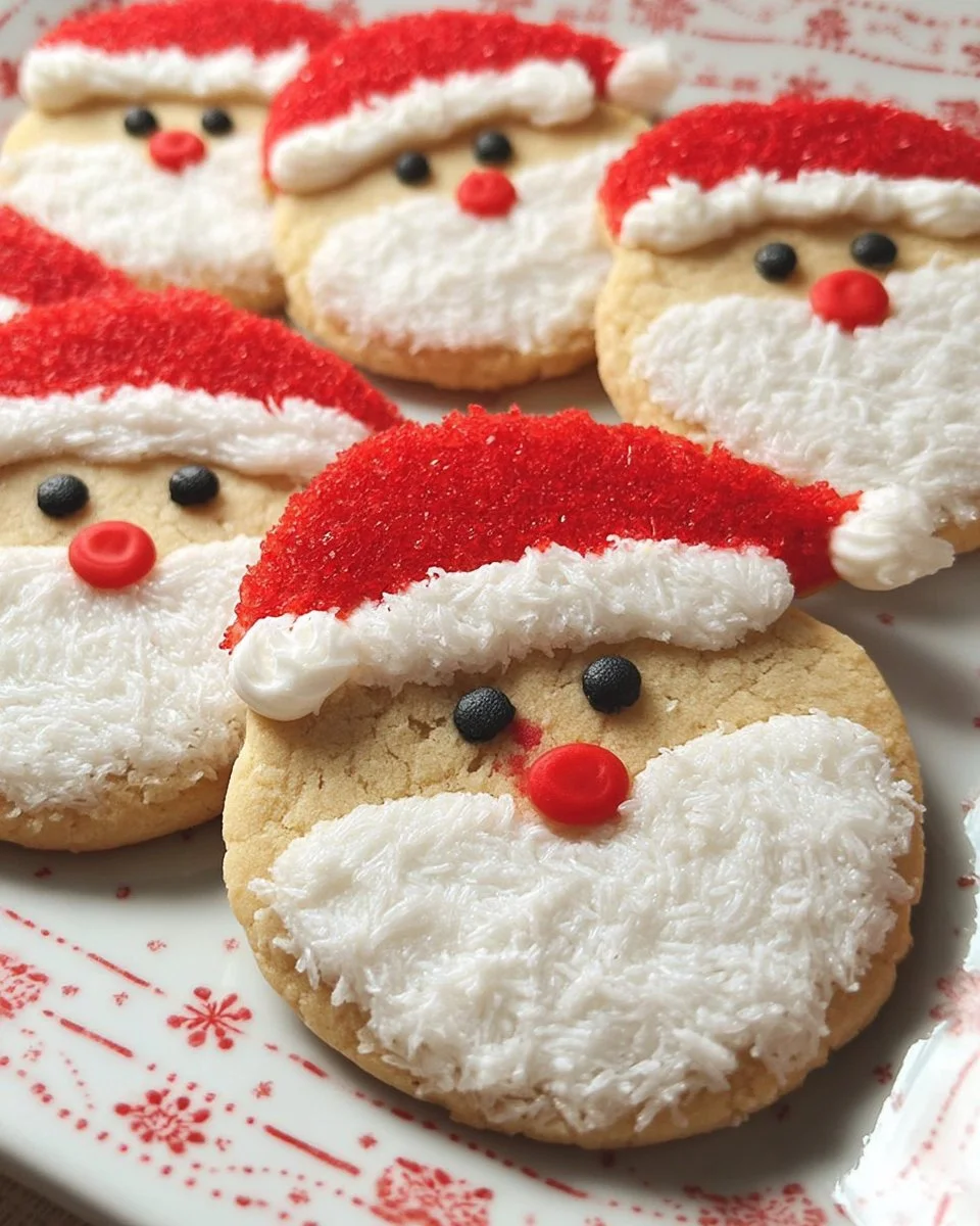 Festively decorated Santa sugar cookies for Christmas celebrations.