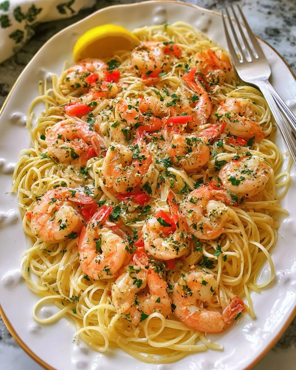 Delicious Shrimp Scampi served with pasta and garnished with parsley
