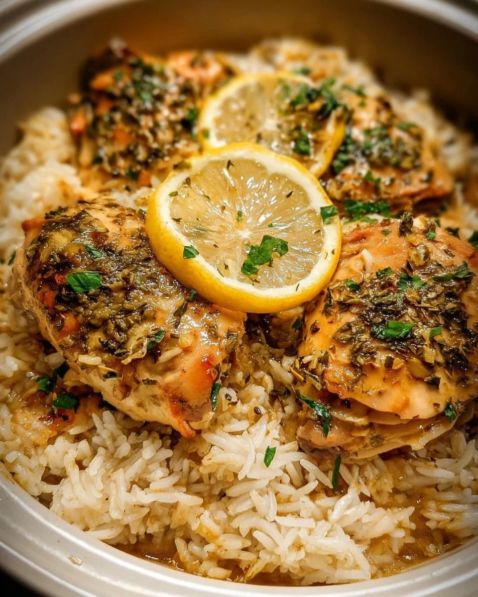 Slow Cooker Lemon Herb Chicken served with fluffy rice in a bowl
