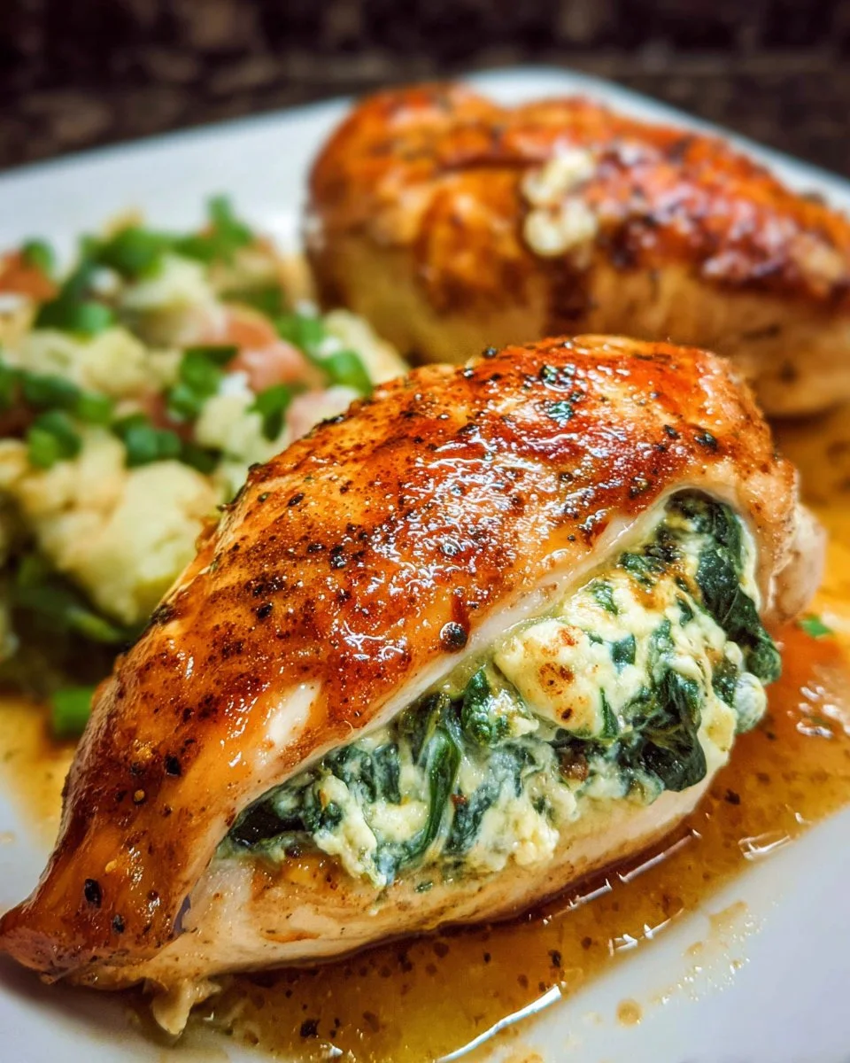 Spinach stuffed chicken breast served with vegetables on a plate.