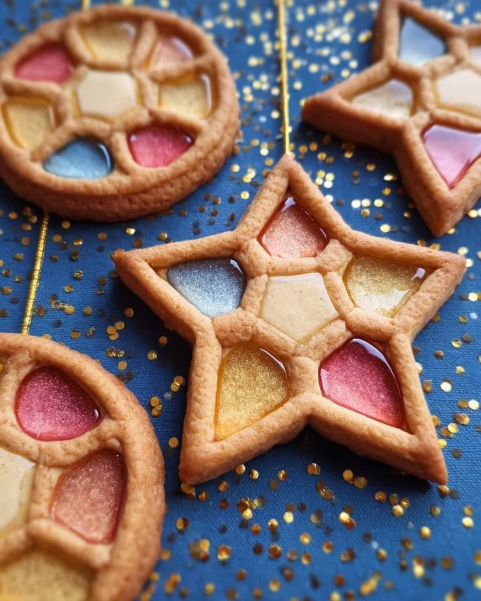 Colorful stained glass window biscuits decorated with candy.