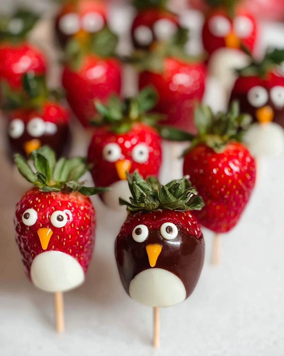 Delicious Strawberry Penguins, whimsical dessert treats made with strawberries.