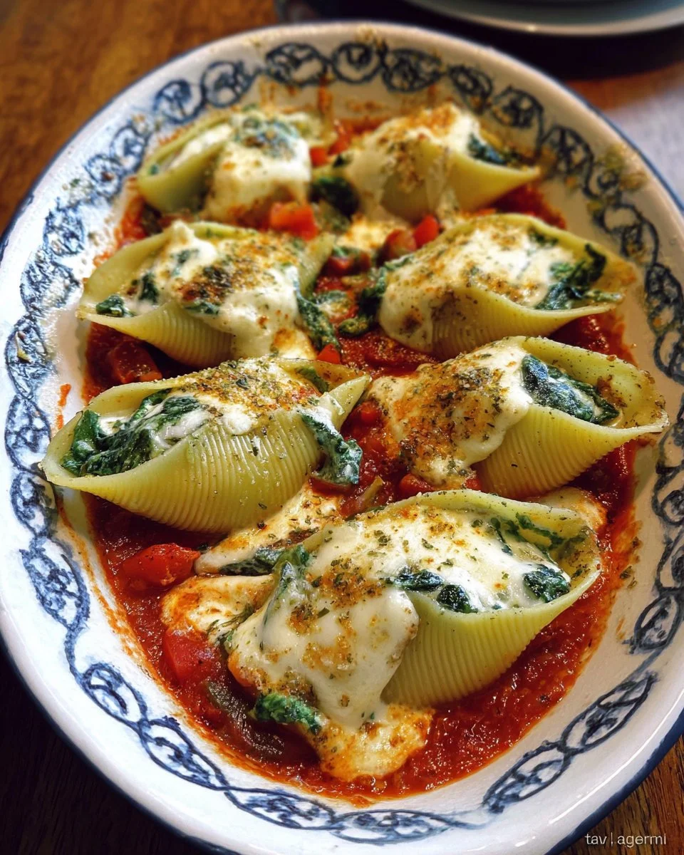 Stuffed pasta shells with spinach, pesto, peppers, and mozzarella served on a plate.