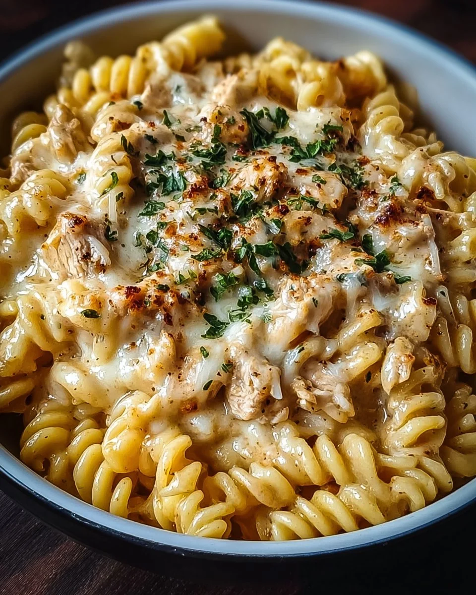 Delicious crockpot garlic parmesan chicken pasta served with fresh herbs.