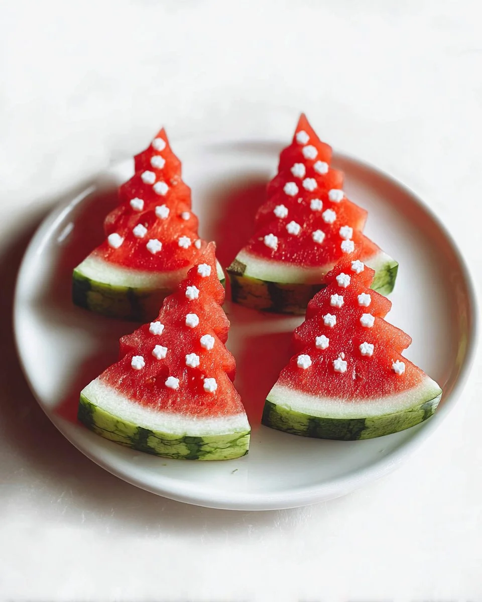 Decoratively arranged watermelon Christmas trees for festive holidays.