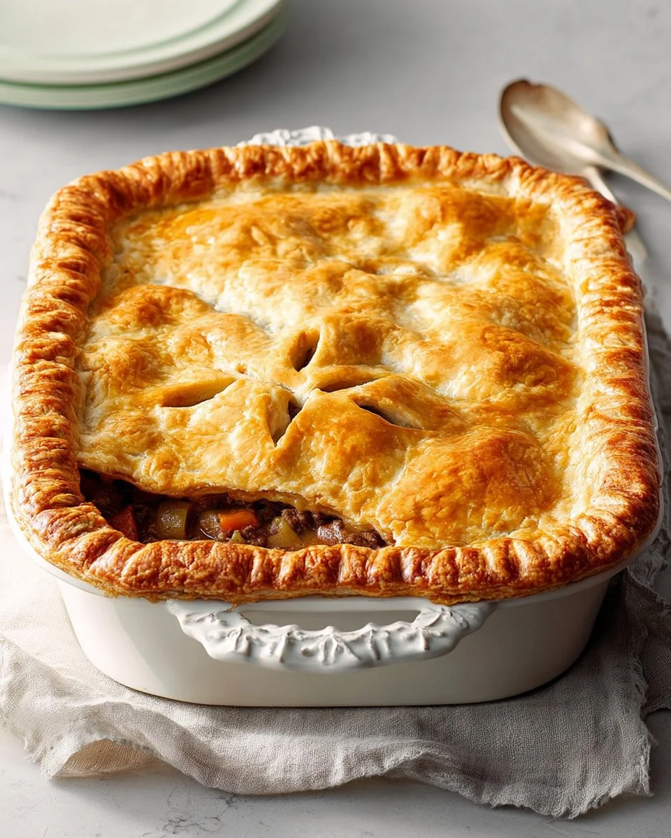 Delicious Aberdeen Beef Pie with tender beef filling and flaky pastry crust.