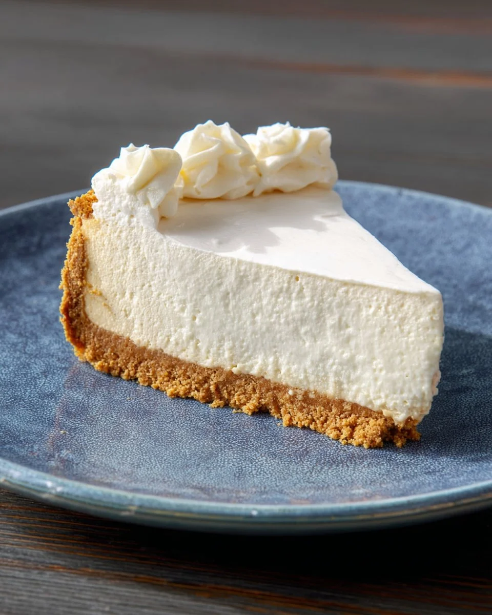 Slice of the best ever cheesecake with a graham cracker crust and fruit topping