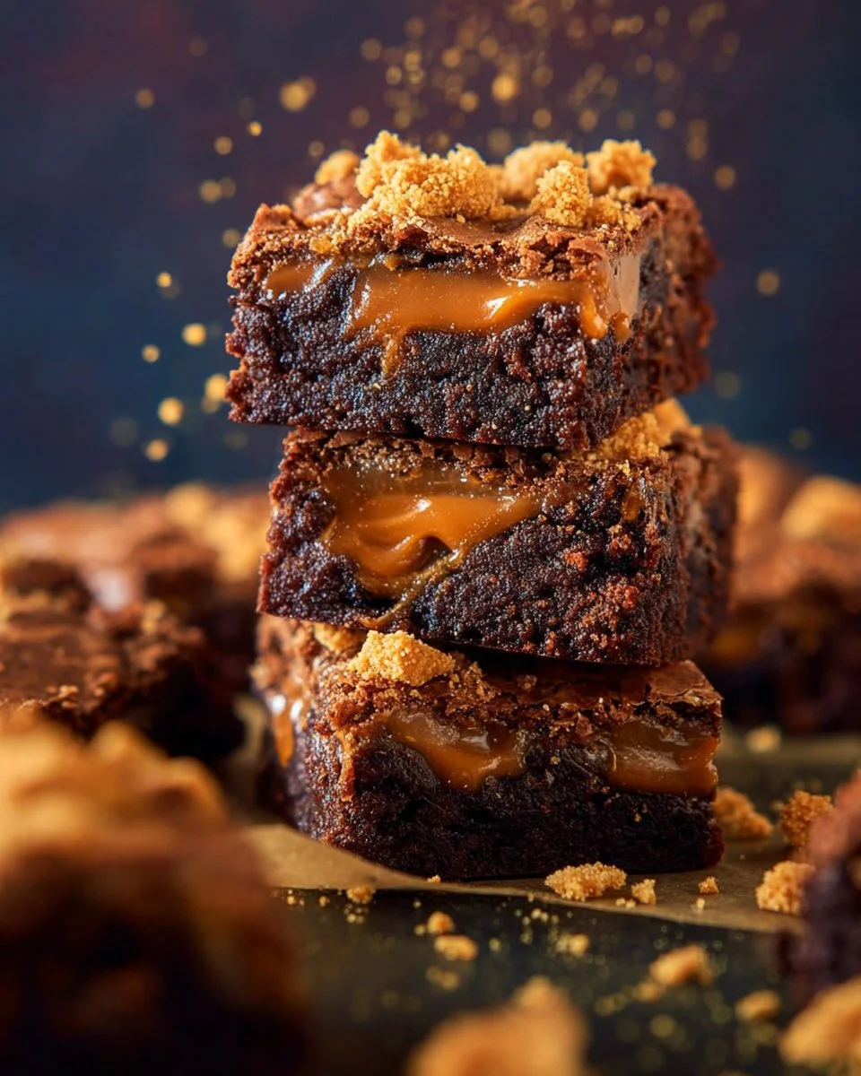Delicious Biscoff brownies topped with cookie crumbles.