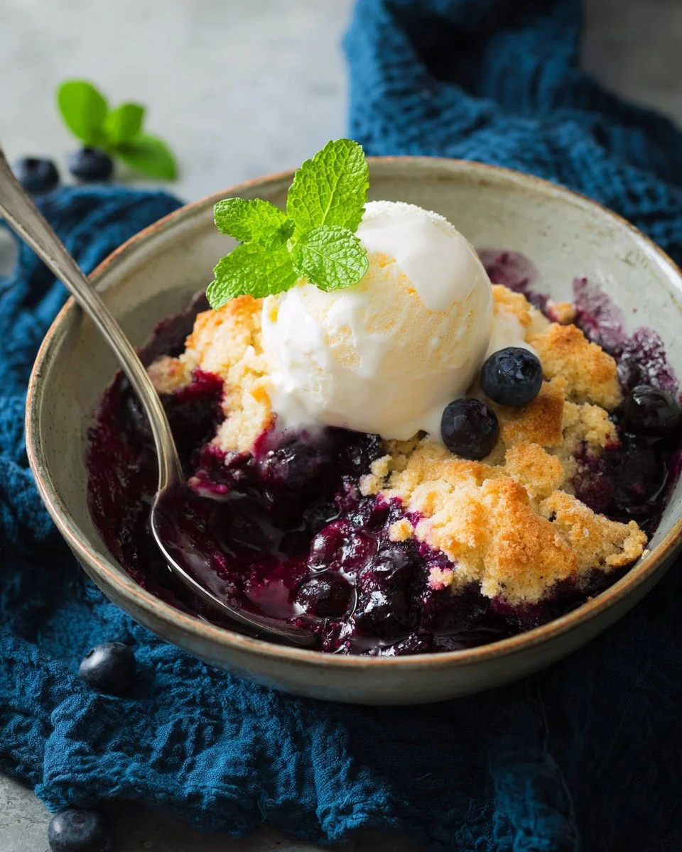Homemade blueberry cobbler fresh out of the oven, topped with golden crust.