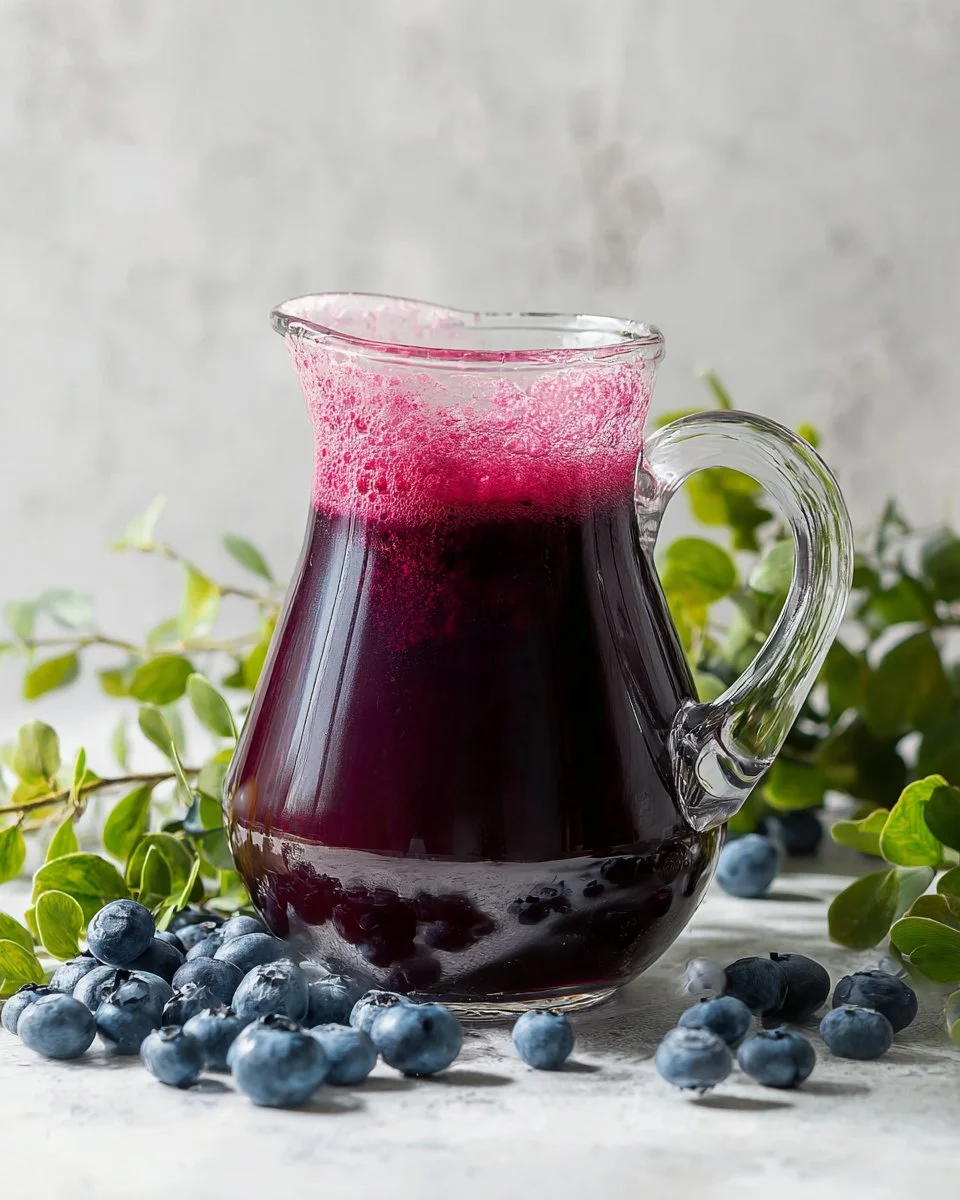 Delicious blueberry syrup in a glass jar with fresh blueberries