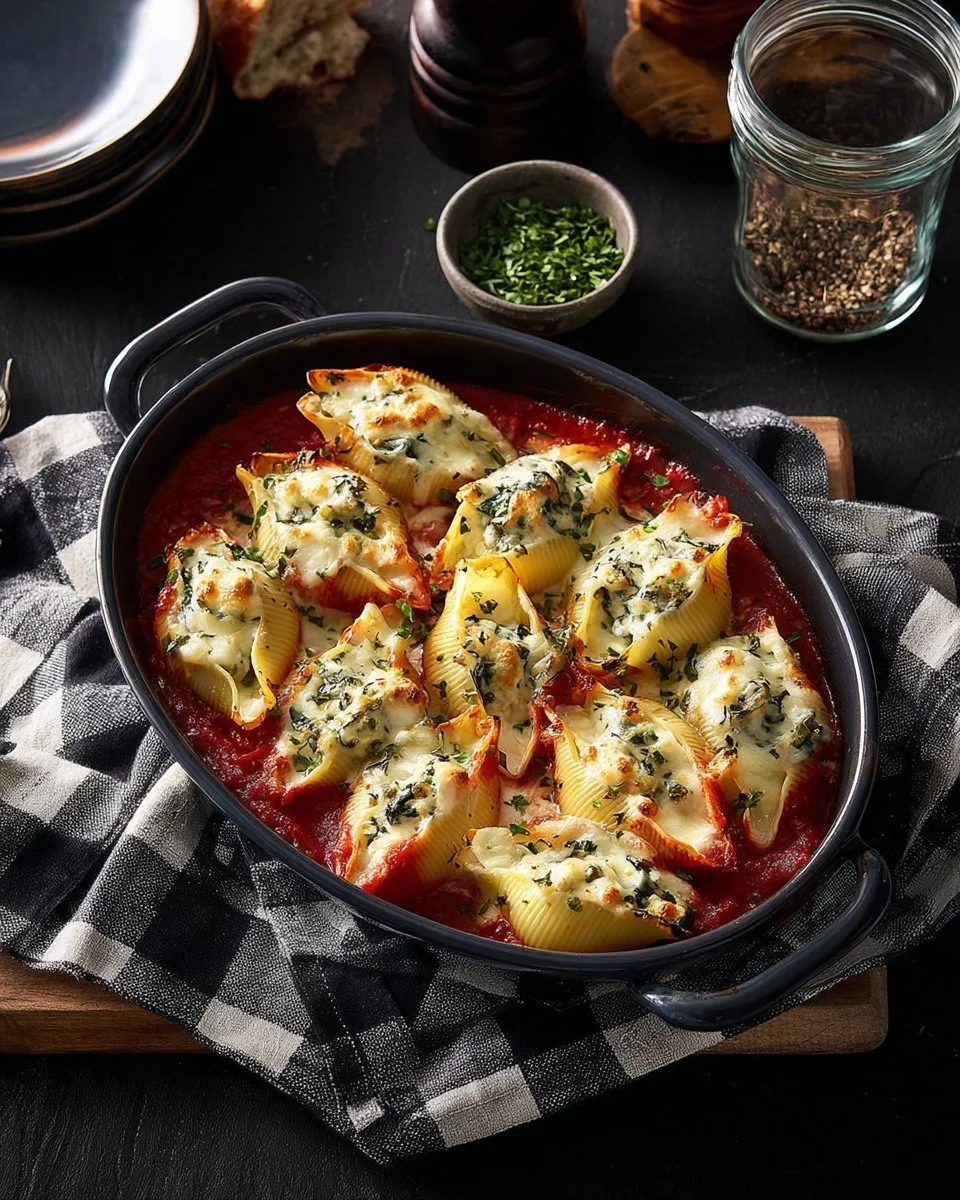 Delicious cheese-stuffed pasta shells topped with marinara sauce