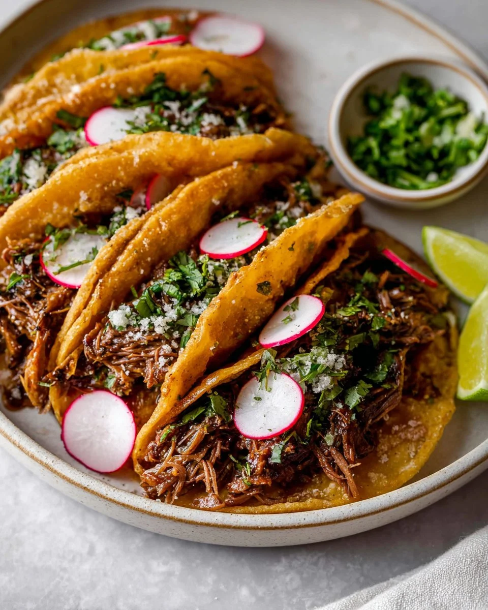 Delicious Chipotle shredded beef tacos topped with fresh ingredients