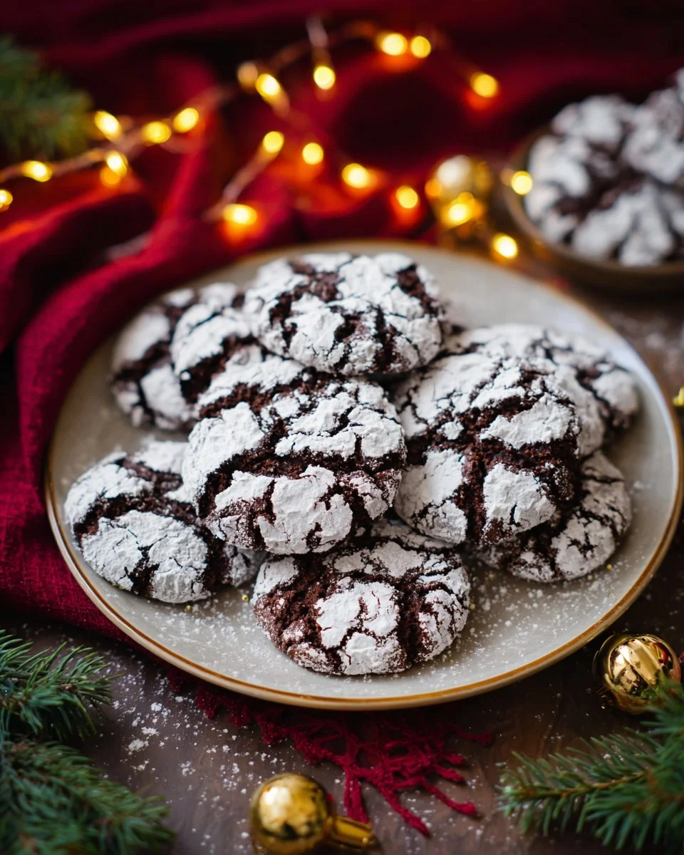 Freshly baked Chocolate Crinkle Cookies dusted with powdered sugar