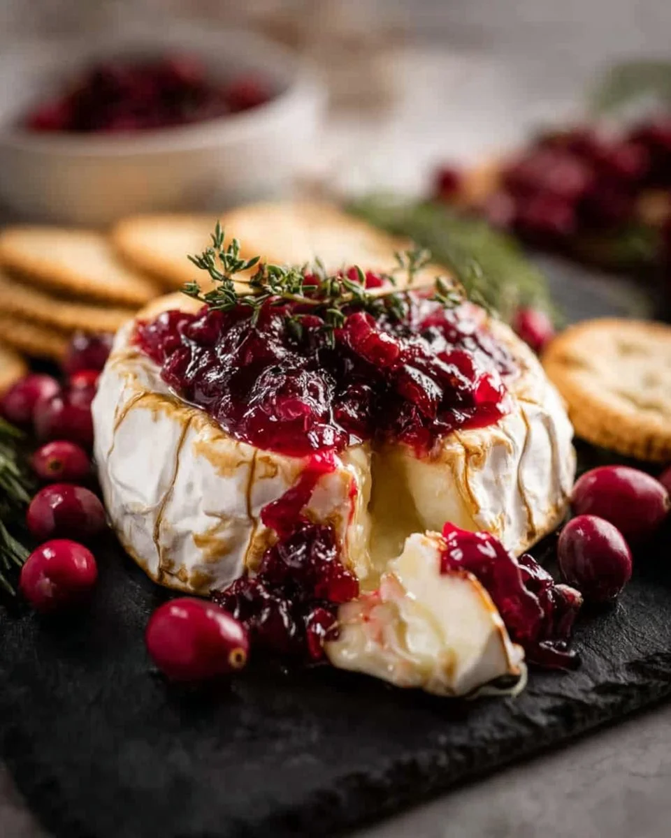 Deliciously melted Cranberry Baked Brie served with crackers and festive garnishes.