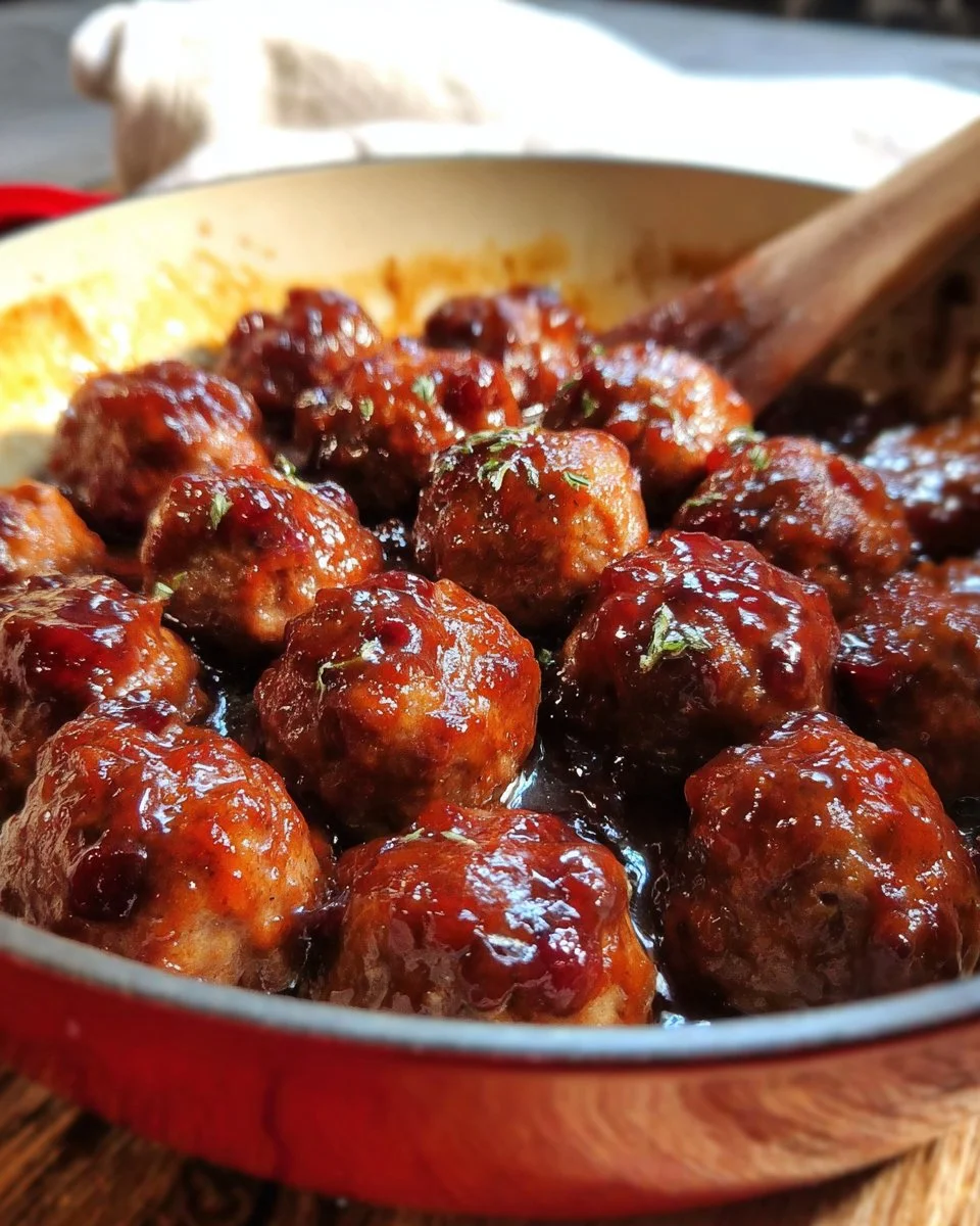 Plate of homemade cranberry meatballs garnished with fresh herbs