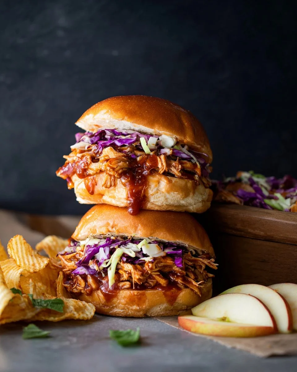 Delicious crockpot BBQ pulled chicken served on a bun with coleslaw.
