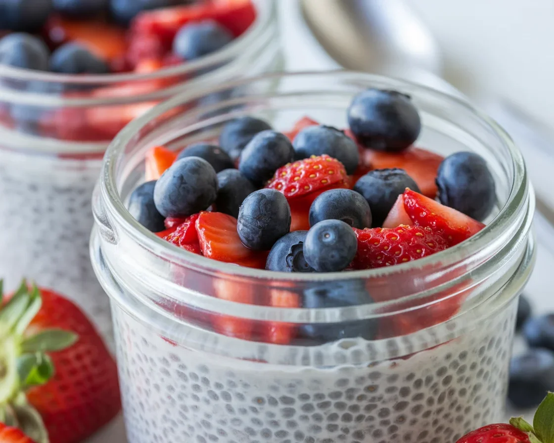 Two jars of creamy chia seed pudding topped with fresh fruit and nuts.