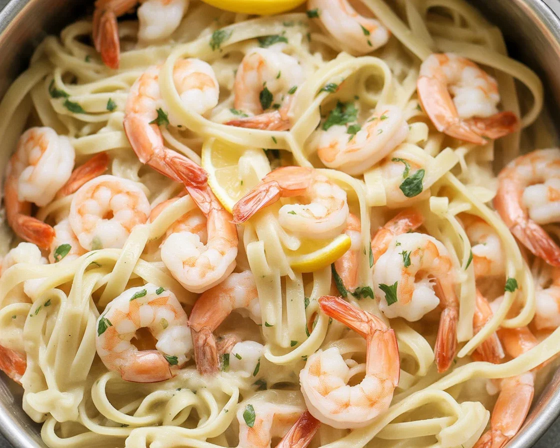 Delicious Shrimp Scampi with Linguine in a buttery garlic sauce served in a bowl.