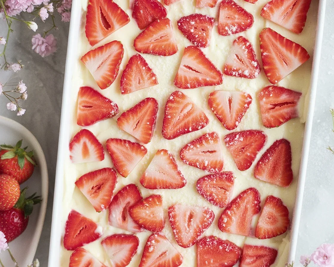 Delicious White Chocolate–Strawberry Tiramisu dessert with fresh strawberries and creamy layers.