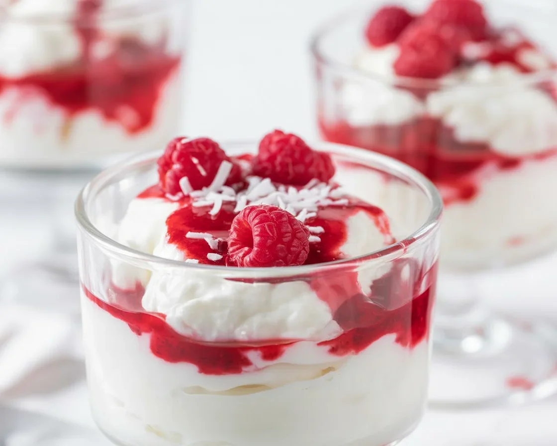 Delicious White Chocolate Raspberry Mousse dessert topped with fresh raspberries.