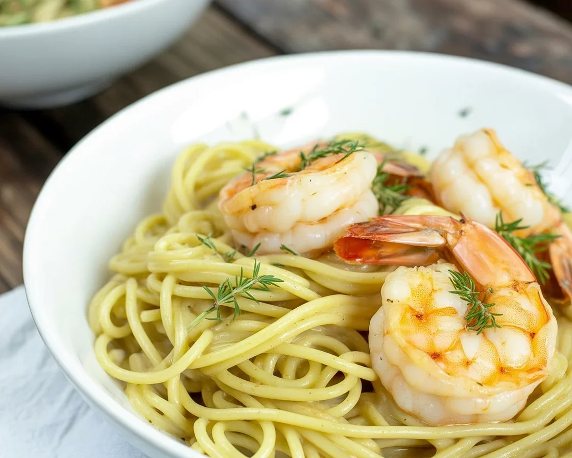 Delicious Dill Butter Prawn Linguine served with fresh herbs and lemon zest.