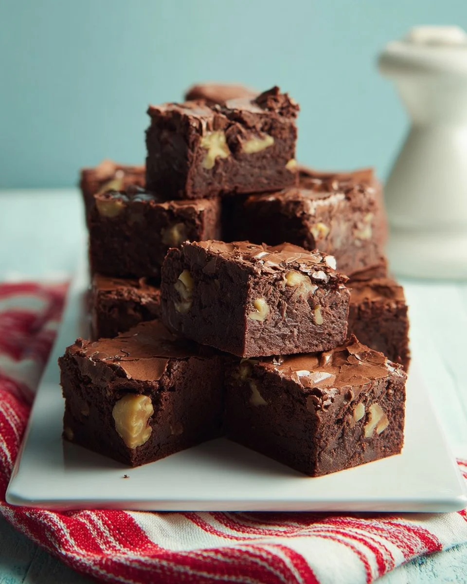 Decadent fudge topped brownies on a white plate, drizzled with extra fudge.