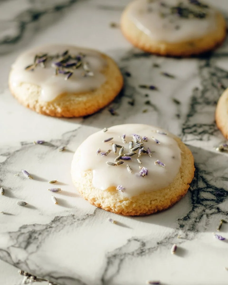 Lavender cookies on a rustic tray, showcasing their delicate purple hue and floral essence.