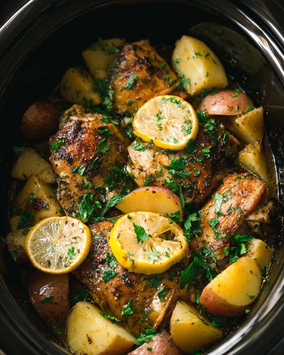 Delicious Greek Slow Cooker Lemon Chicken with Potatoes on a serving plate