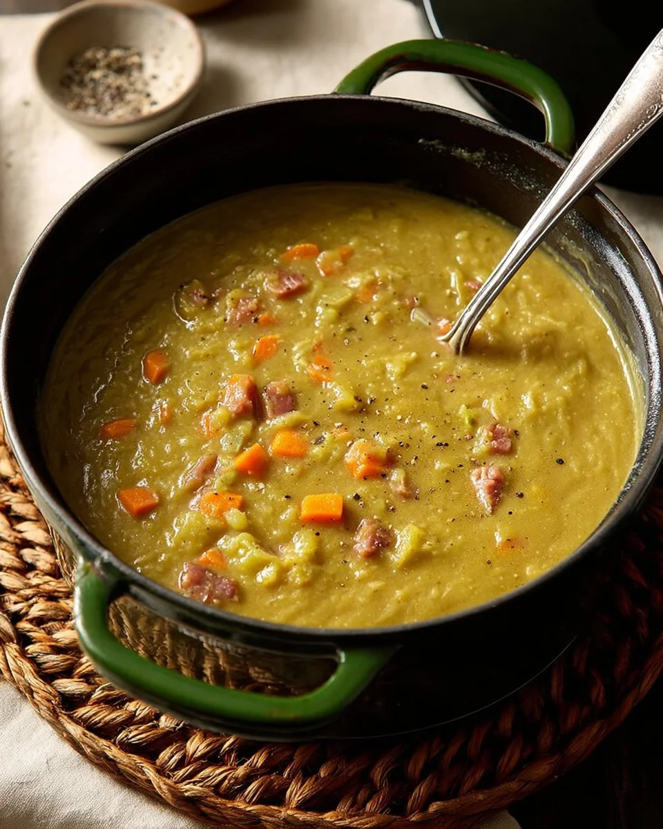 Bowl of Ham and Green Split Pea Soup garnished with herbs