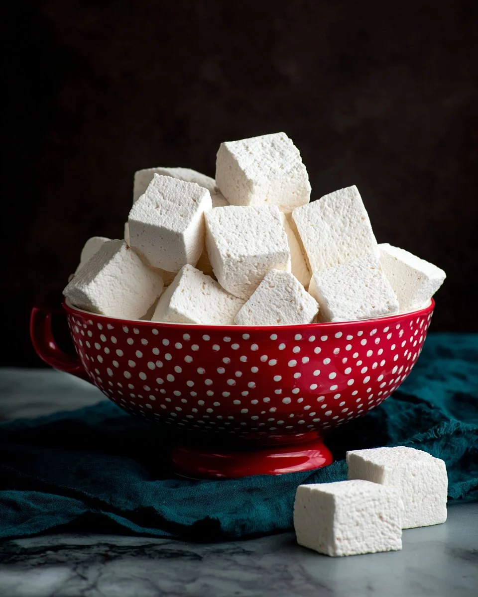A plate of fluffy homemade marshmallows dusted with powdered sugar.