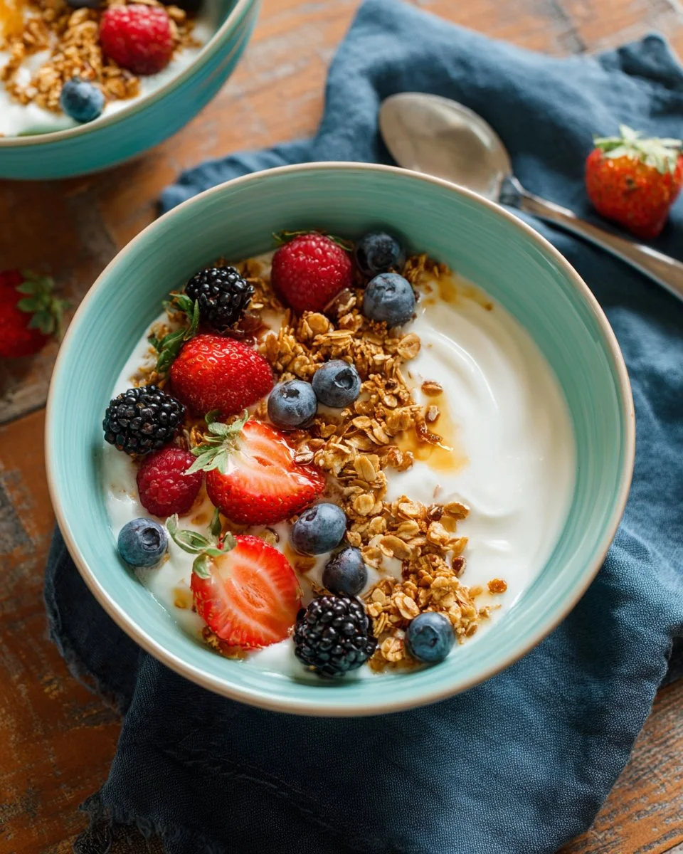Bowl of creamy homemade yogurt topped with fresh fruits.