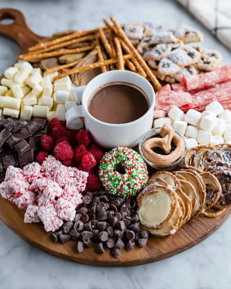 Delicious hot chocolate charcuterie board with toppings and treats