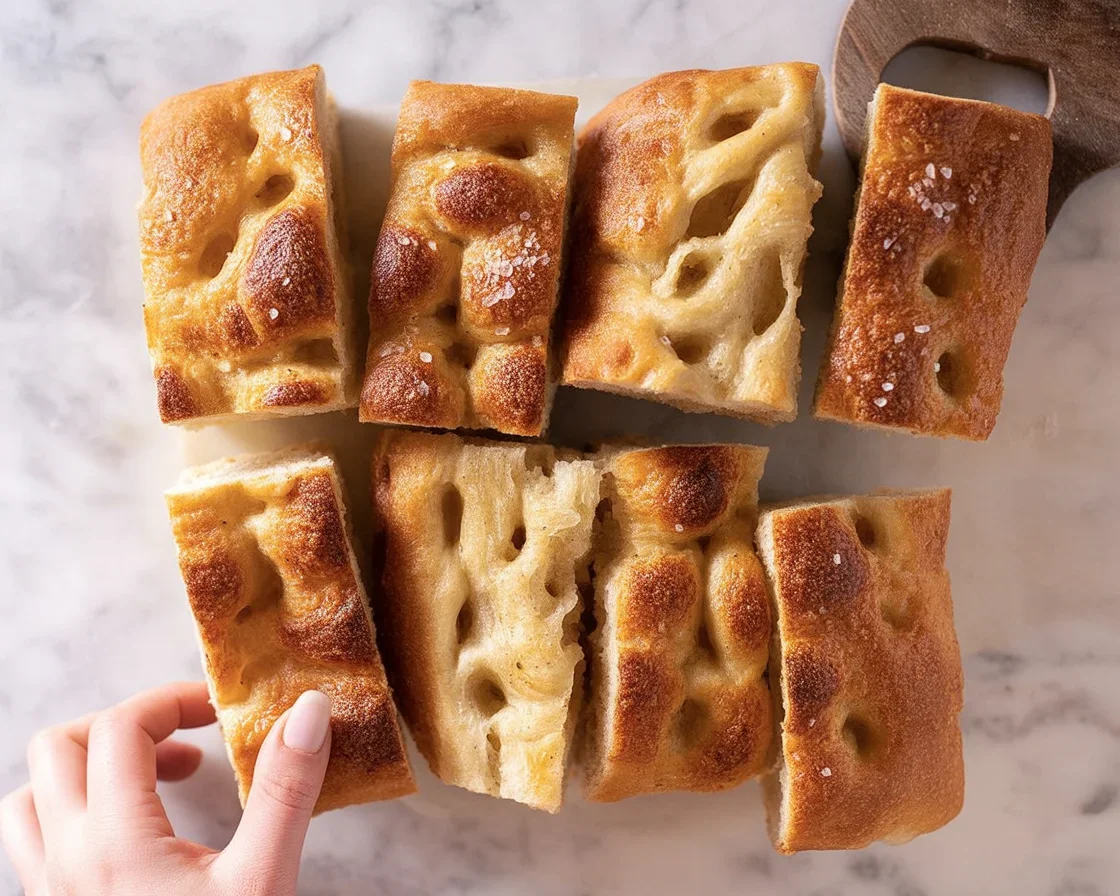 Delicious homemade focaccia bread topped with rosemary and olive oil.