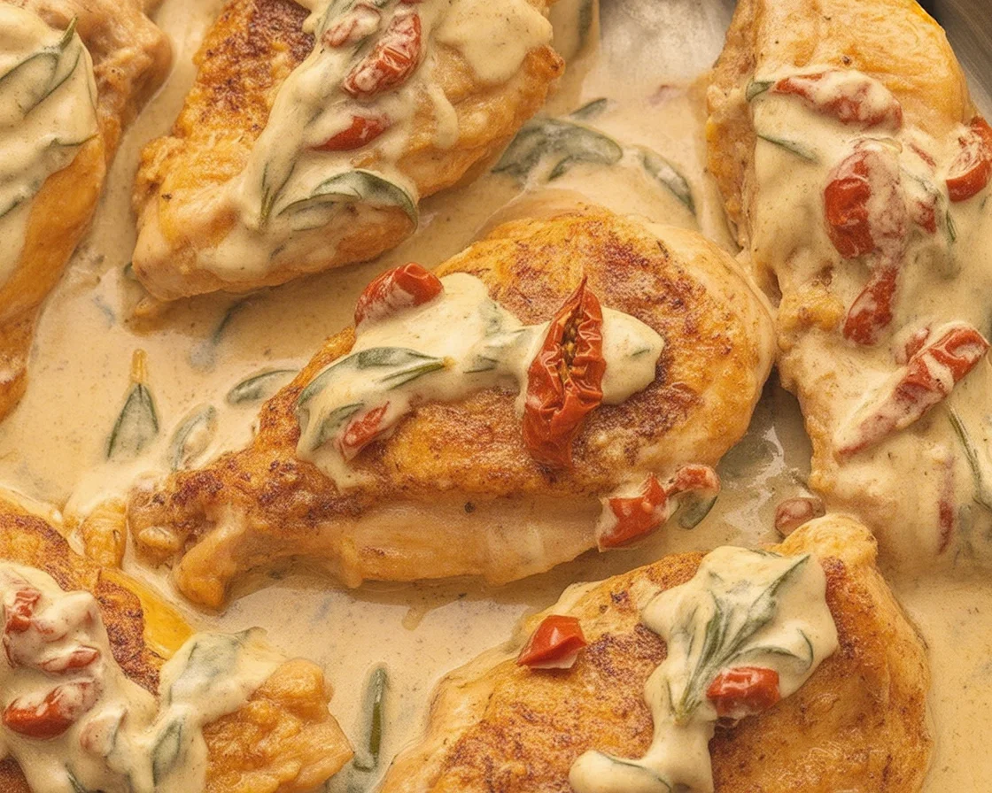 Delicious Marry Me Chicken served in a creamy sun-dried tomato sauce with chicken breasts.