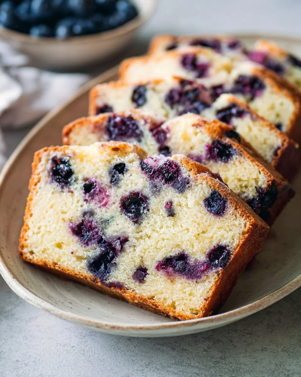 A moist slice of homemade lemon blueberry bread garnished with fresh blueberries.