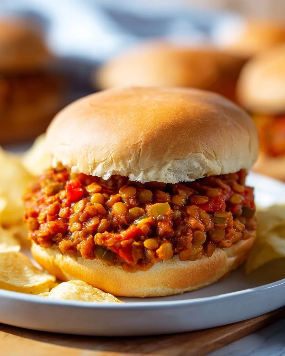 Delicious Lentil Sloppy Joes served on a bun with fresh toppings.