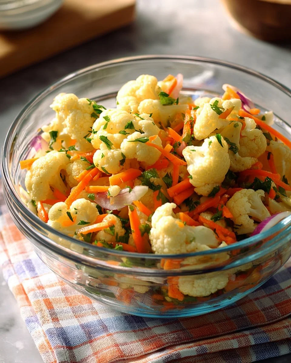 Fresh marinated cauliflower salad garnished with herbs and spices