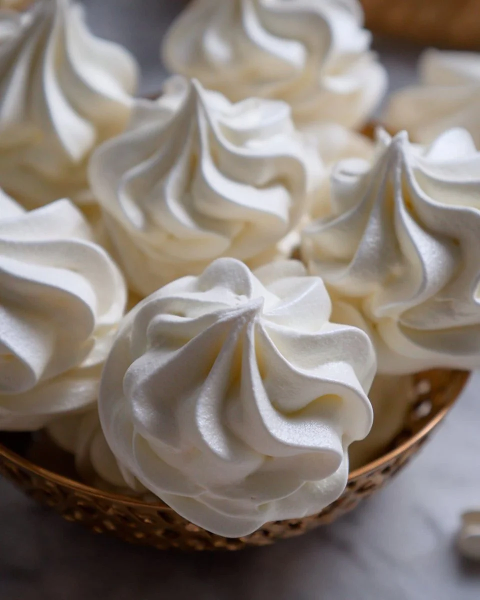 A plate of beautifully crafted meringue cookies in pastel colors.