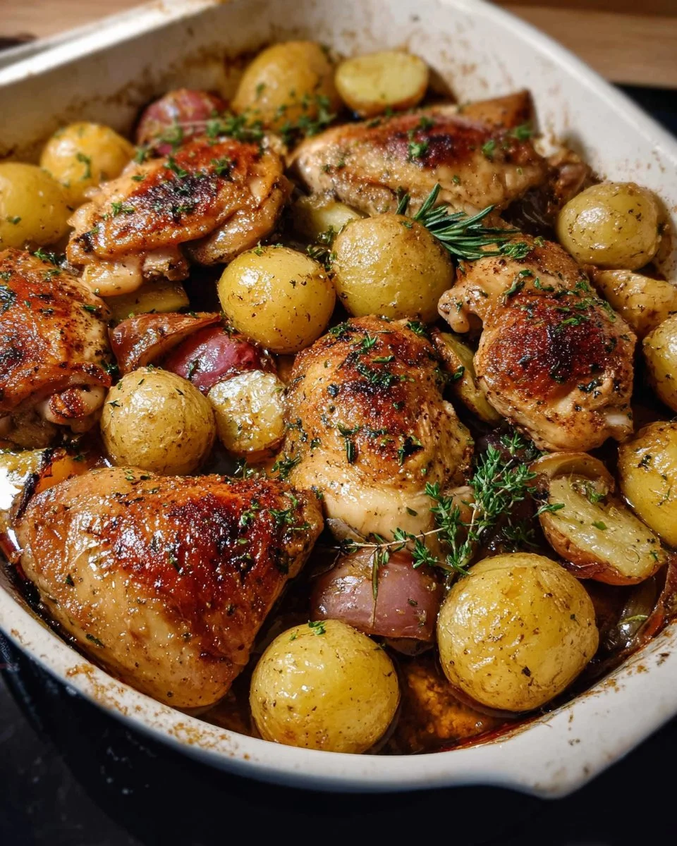 One pan chicken and potatoes dish served with herbs and spices.