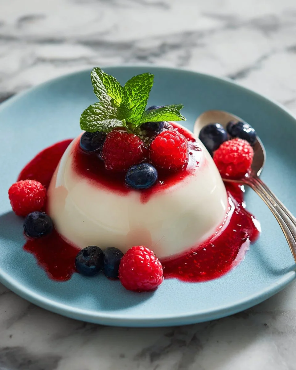 Delicious homemade Panna Cotta topped with fresh berries and mint.