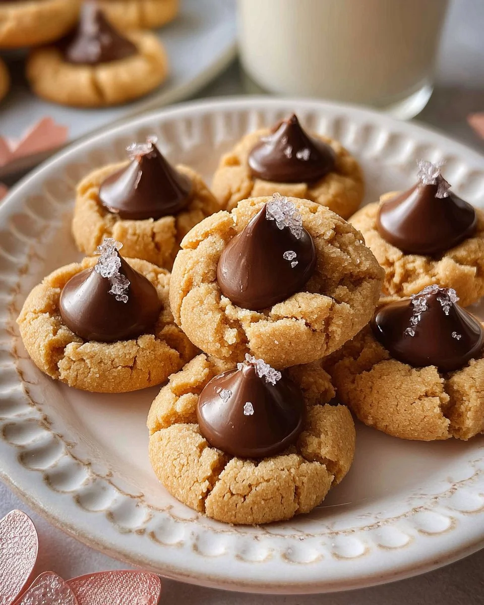 Delicious Peanut Butter Blossoms cookies topped with chocolate kisses on a plate