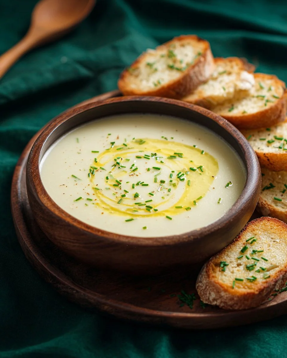 Delicious bowl of creamy Potato Leek Soup garnished with fresh herbs